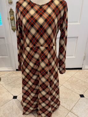 Plaid Midi Dress with Long Sleeves - Cream, Brown & Orange